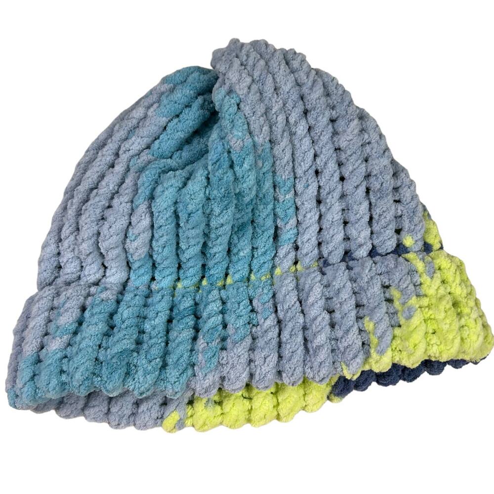 Handmade Chunky Knit Winter Hat Blue Gray Yellow Soft Stretchy Cozy Beanie